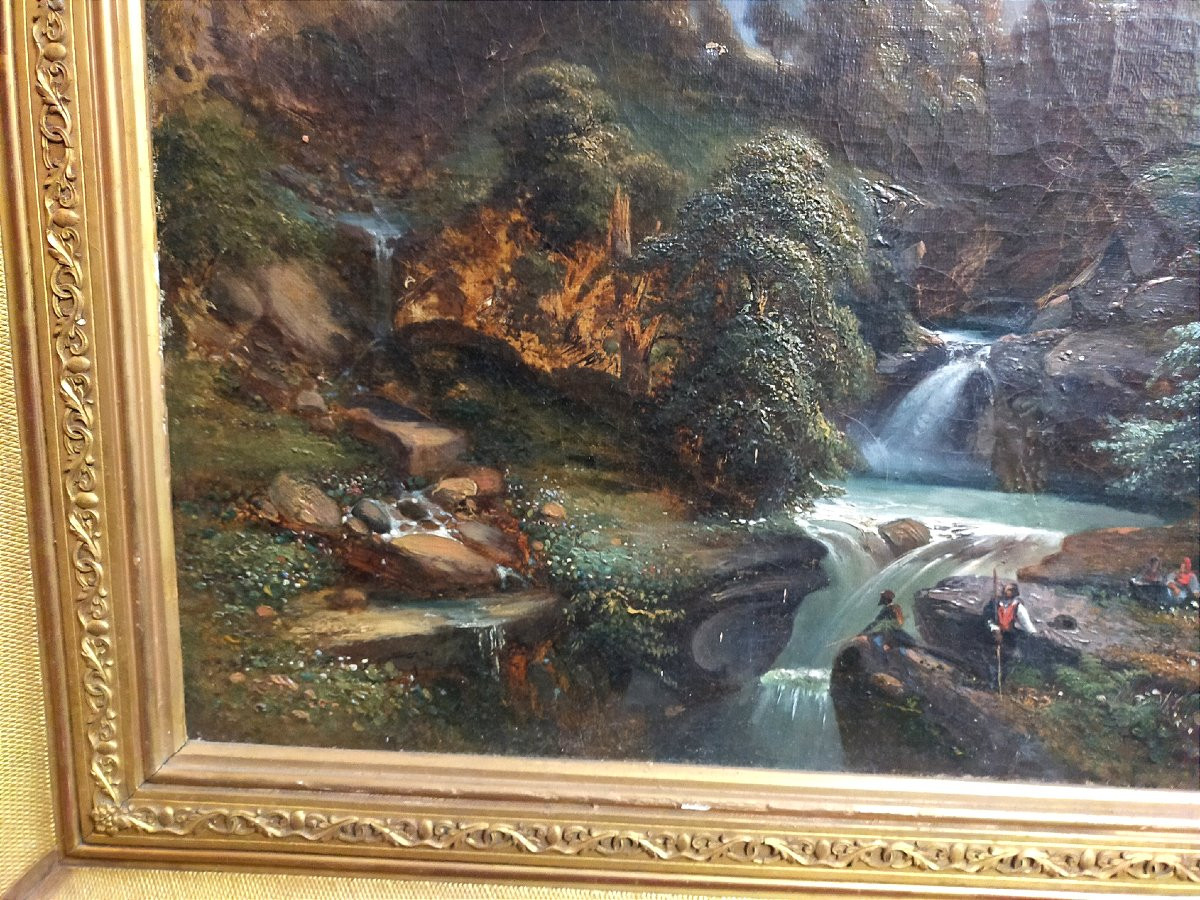 Landscape With A Lively Waterfall – Oil On Canvas – 19th Century – Gilded Frame-photo-2