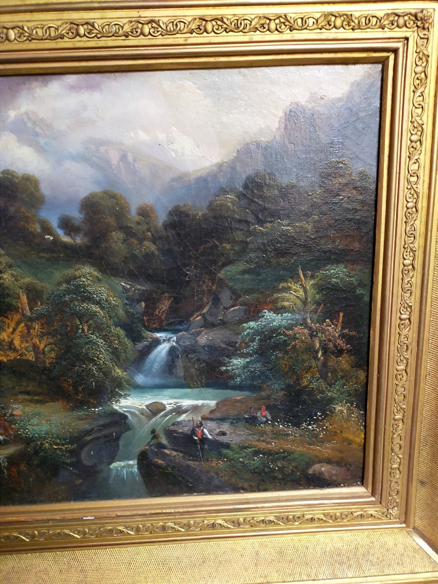 Landscape With A Lively Waterfall – Oil On Canvas – 19th Century – Gilded Frame-photo-3