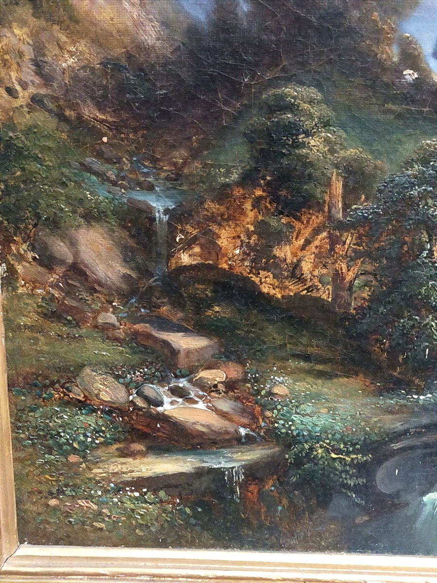 Landscape With A Lively Waterfall – Oil On Canvas – 19th Century – Gilded Frame-photo-4