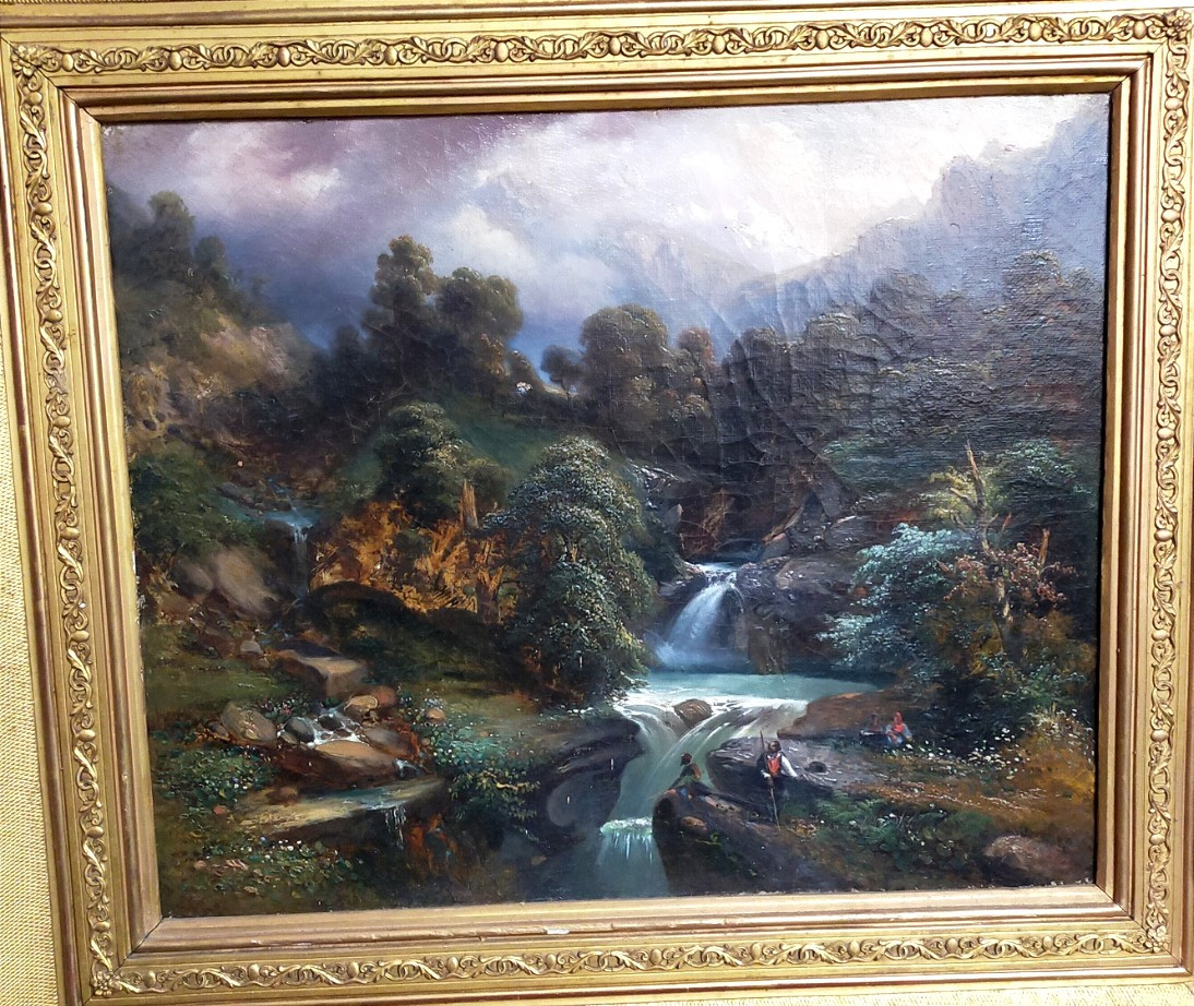 Landscape With A Lively Waterfall – Oil On Canvas – 19th Century – Gilded Frame-photo-1
