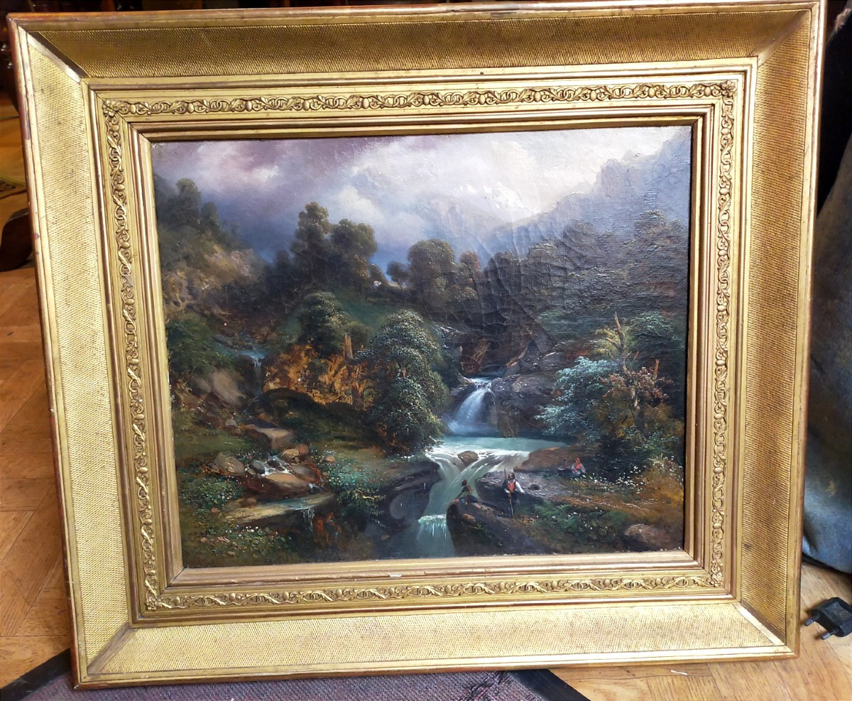 Landscape With A Lively Waterfall – Oil On Canvas – 19th Century – Gilded Frame