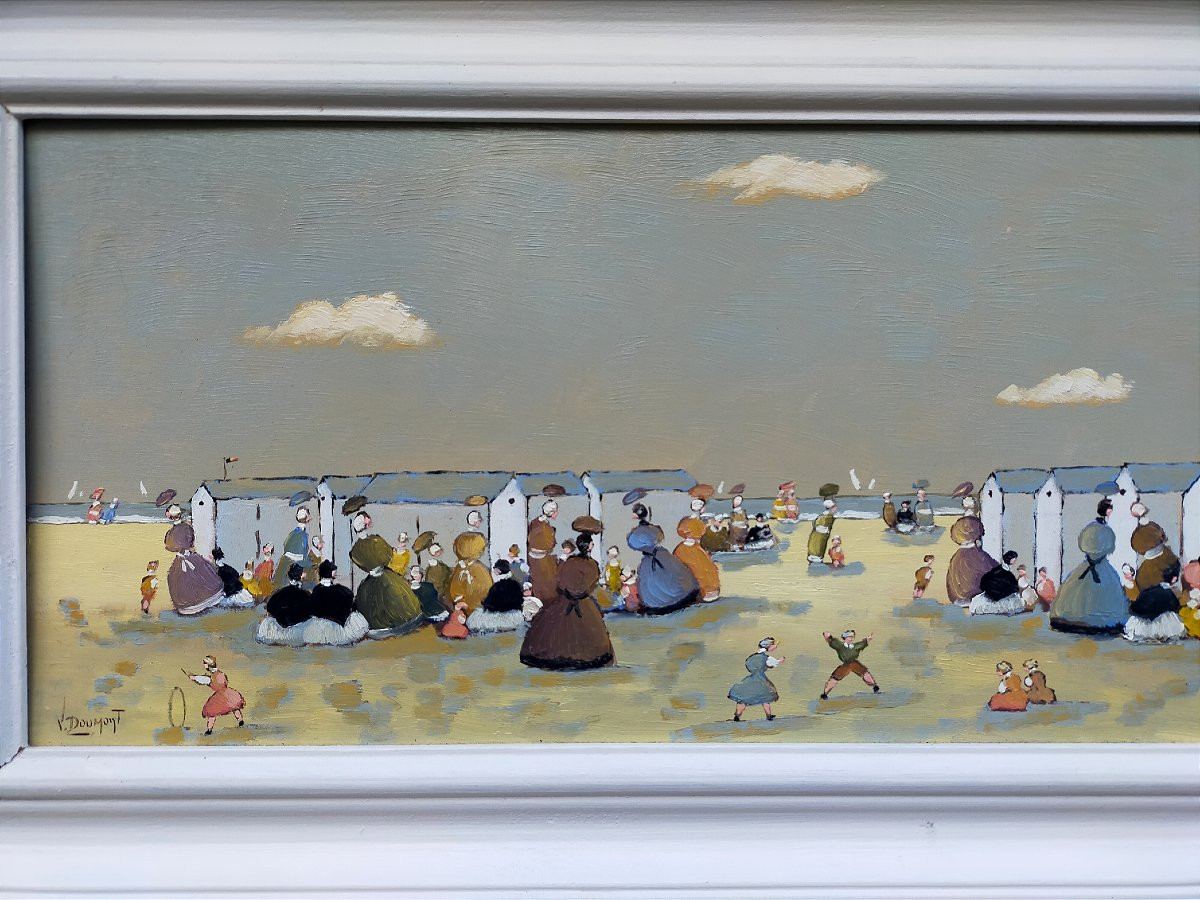 Victor Doumont (Belgique) Scène de plage animée ( Normandie ou cote belge)-photo-2