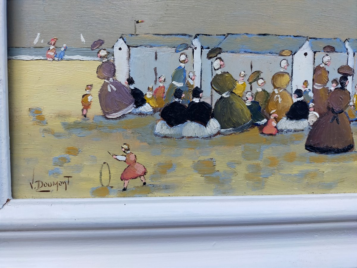 Victor Doumont (Belgique) Scène de plage animée ( Normandie ou cote belge)-photo-3
