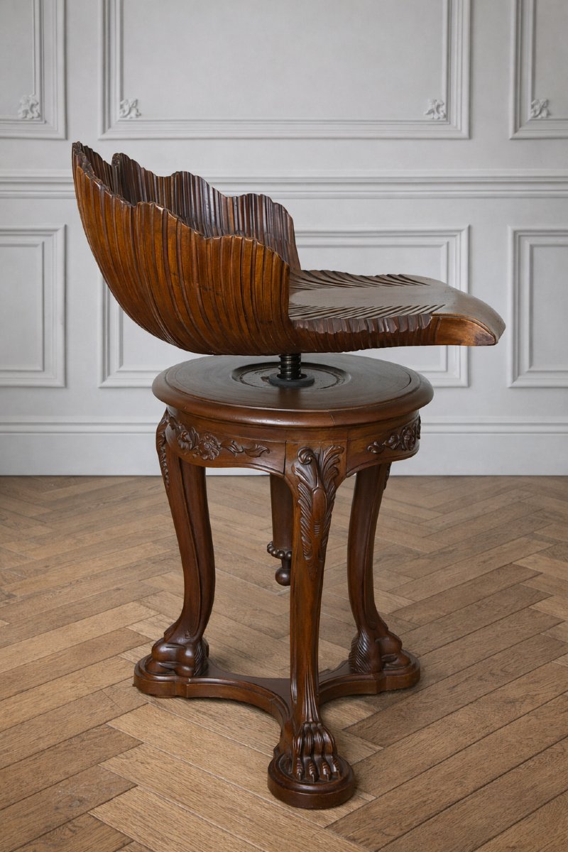 Adjustable Carved Walnut Harpist's Stool – 19th Century-photo-3