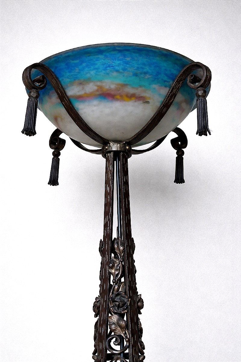 Art Deco Floor Lamp, Glass Paste Basin Signed Muller Frères Lunéville (kiss Brandt..)