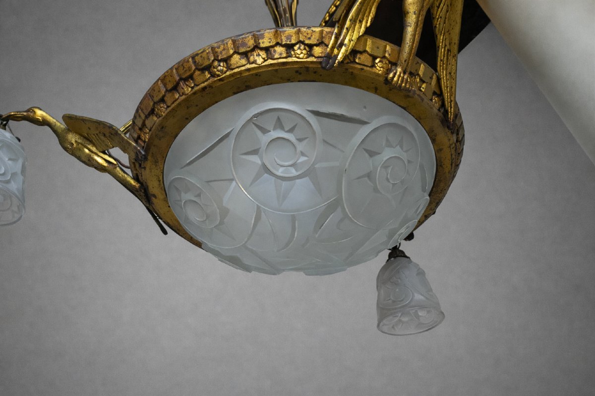 Lustre aux cigognes – Art Déco – Bronze et verre -photo-2