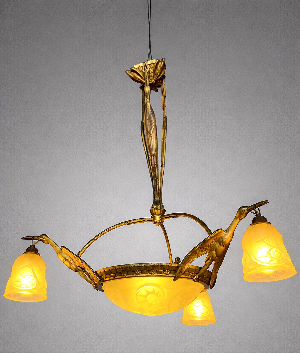 Lustre aux cigognes – Art Déco – Bronze et verre -photo-4