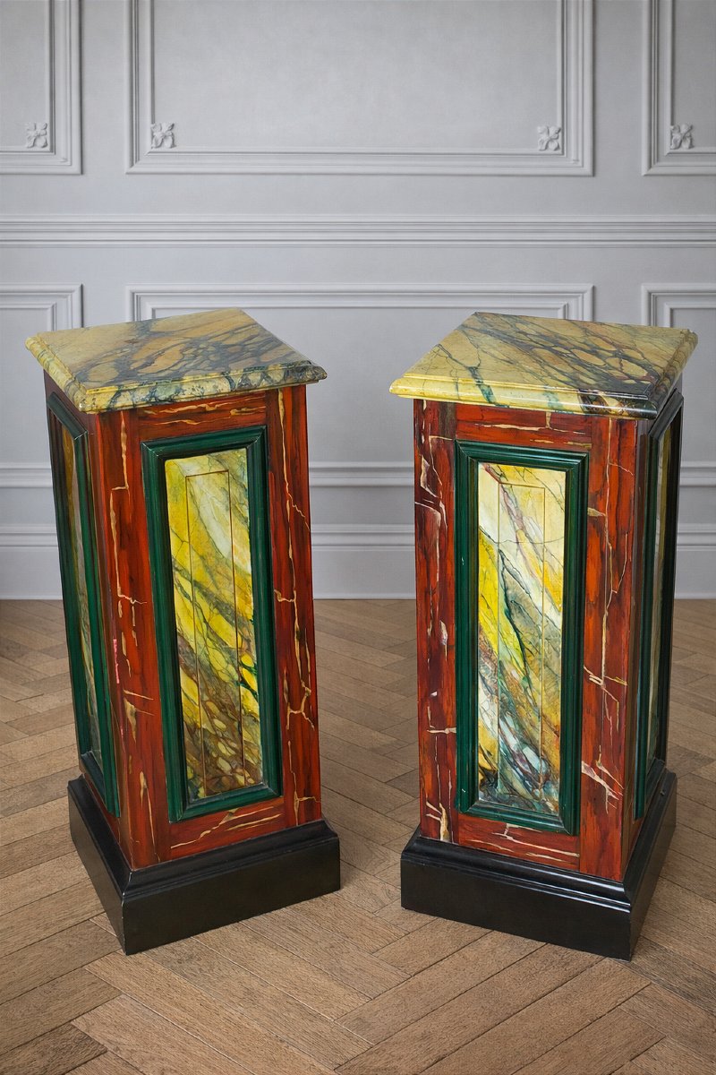 Pair Of Imitation Marble Painted Wood Sheaths - (sellette Colonne )-photo-2