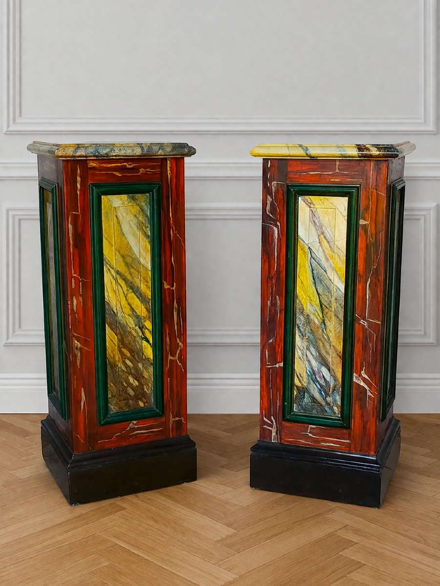 Pair Of Imitation Marble Painted Wood Sheaths - (sellette Colonne )-photo-3