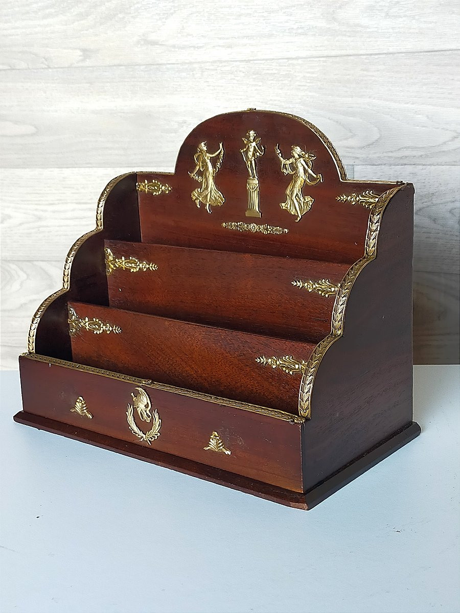 Range-courrier en acajou et bronze doré, style Empire ( lettres bureau)-photo-3