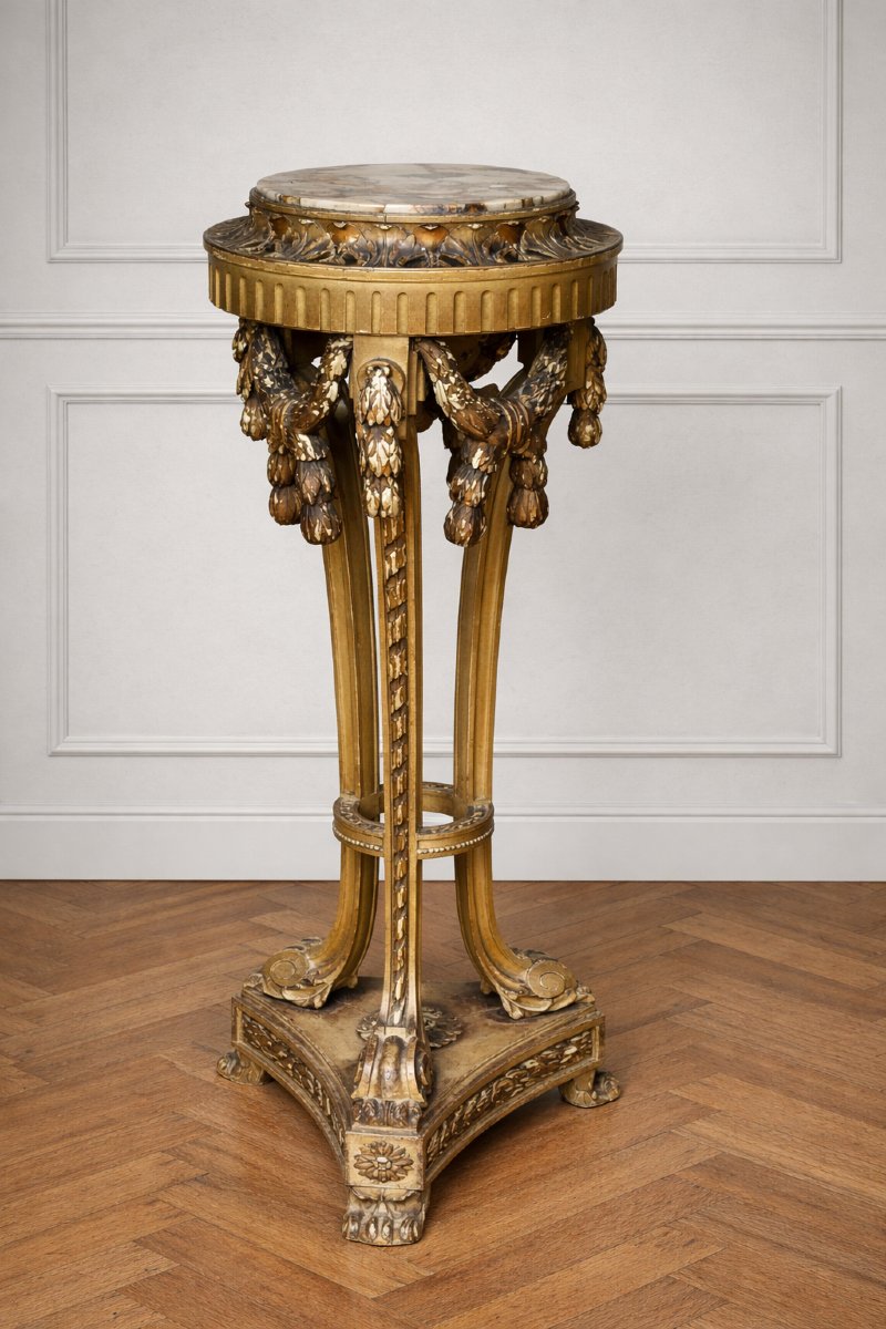 Sellette haute  Louis XVI en bois patiné, plateau marbre (gaine colonne)-photo-2