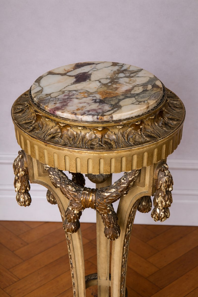 Sellette haute  Louis XVI en bois patiné, plateau marbre (gaine colonne)-photo-3