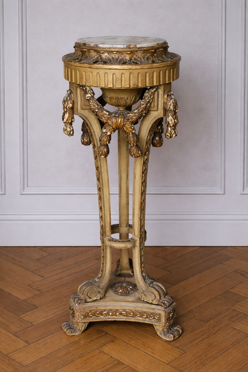 Sellette haute  Louis XVI en bois patiné, plateau marbre (gaine colonne)