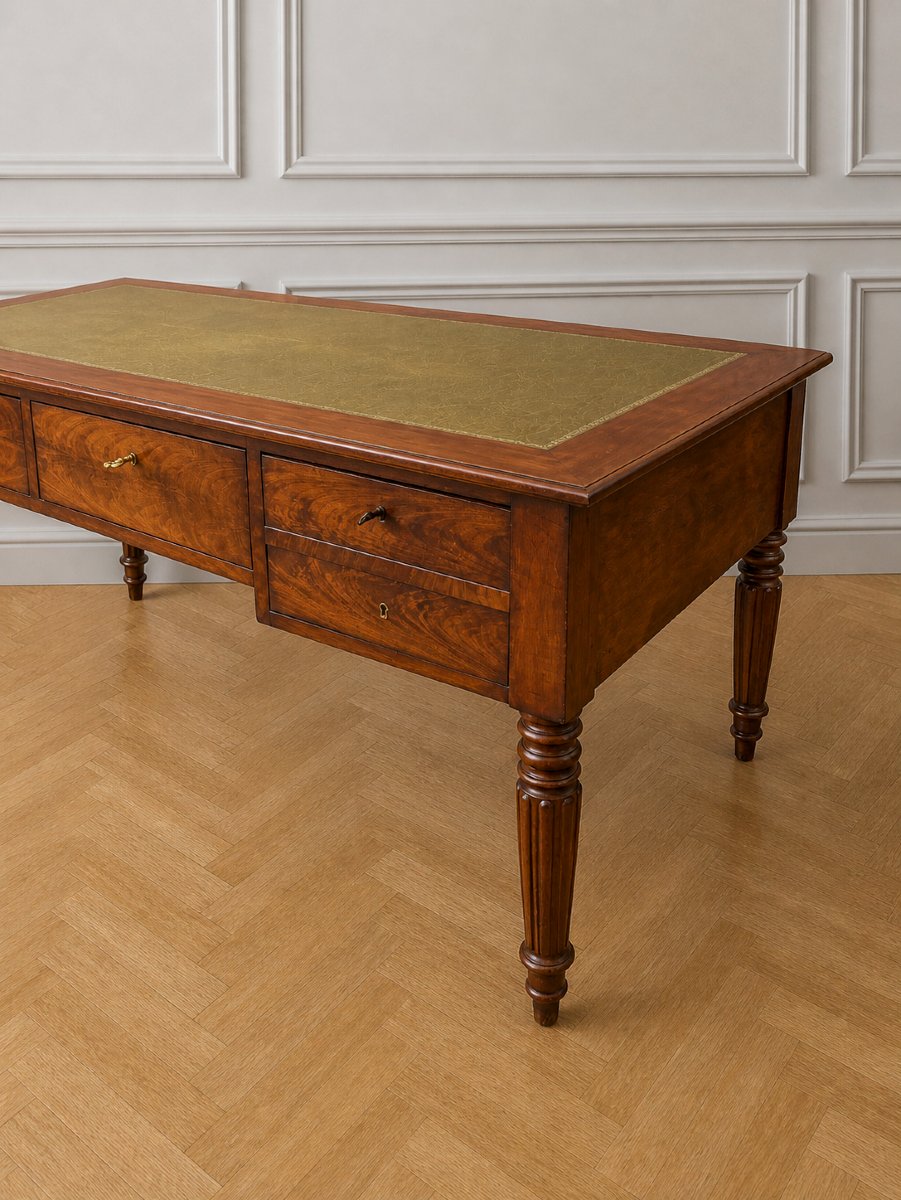 Grand bureau plat de notaire d&rsquo;&eacute;poque Louis-Philippe en acajou flamm&eacute;-photo-2