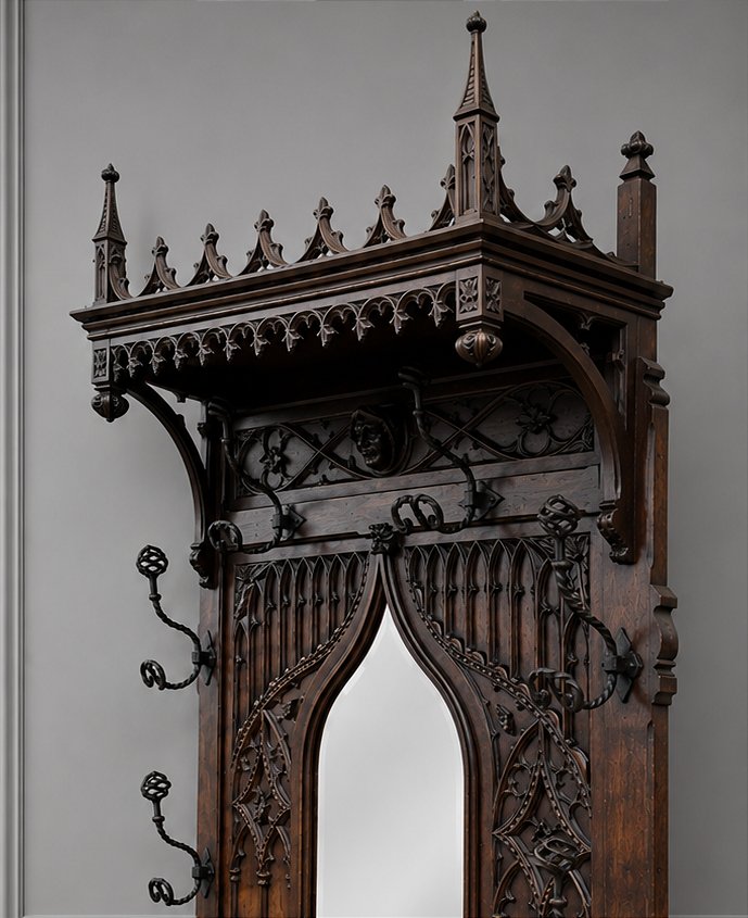 Vestiaire néo gothique de château porte manteaux (néogothique médiéval chapelle)-photo-2