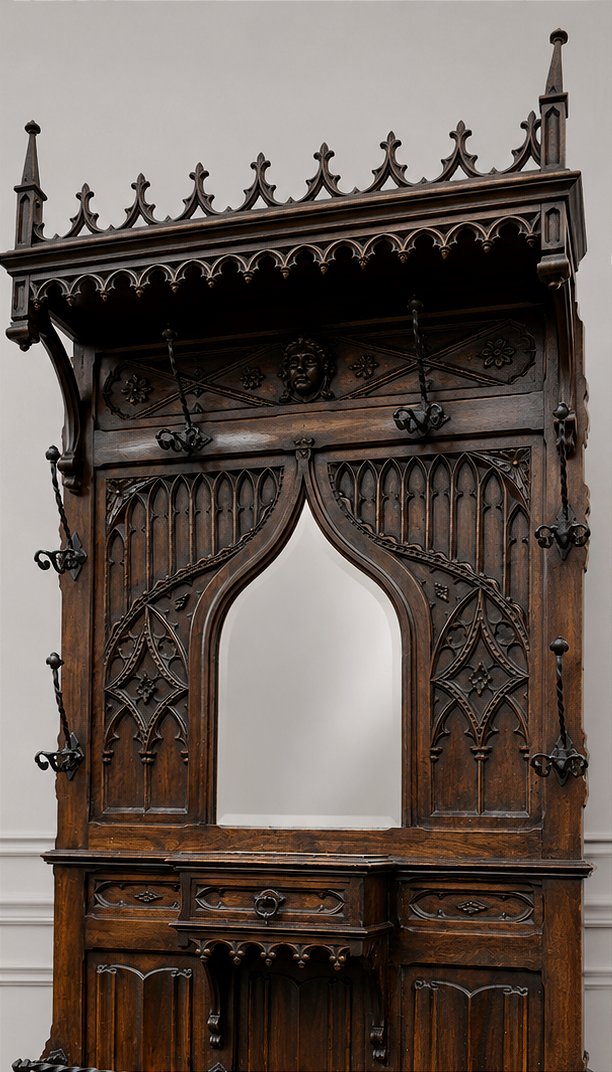 Vestiaire néo gothique de château porte manteaux (néogothique médiéval chapelle)-photo-3