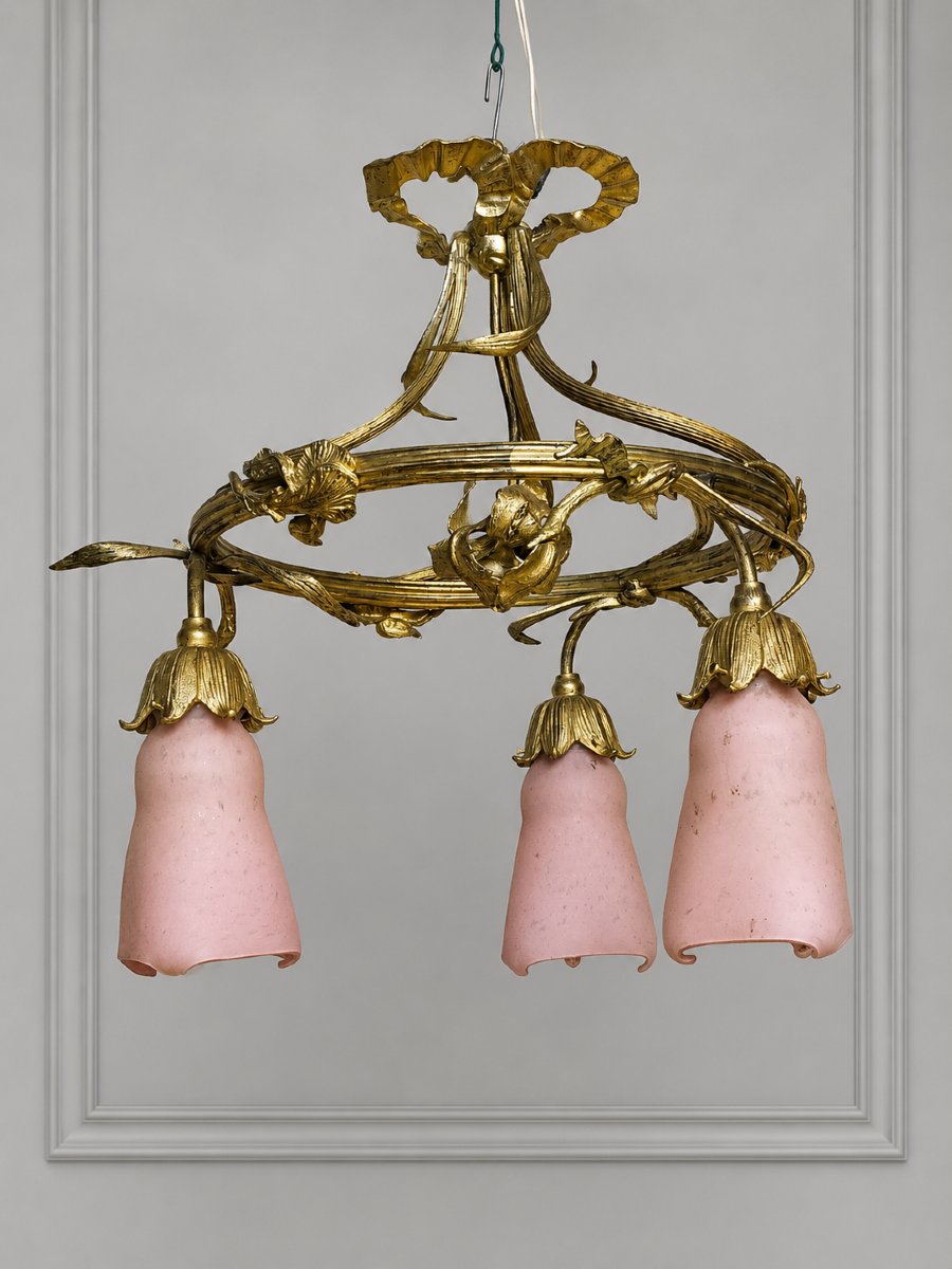 Lustre Art Nouveau en bronze dor&eacute; et tulipes en p&acirc;te de verre ( majorelle gall&eacute; guimard ..)-photo-3