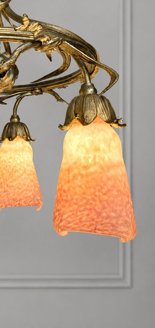 Lustre Art Nouveau en bronze dor&eacute; et tulipes en p&acirc;te de verre ( majorelle gall&eacute; guimard ..)-photo-4