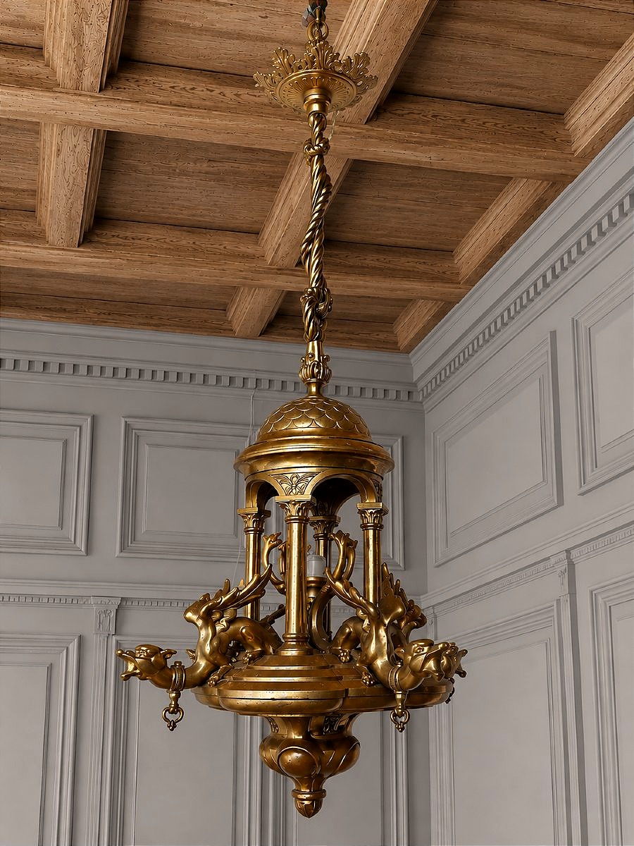 Neo-gothic Ormolu Castle Chandelier, Decorated With Dragons, 19th Century.-photo-2