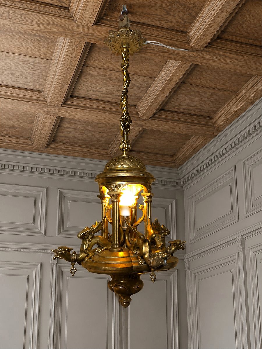 Neo-gothic Ormolu Castle Chandelier, Decorated With Dragons, 19th Century.