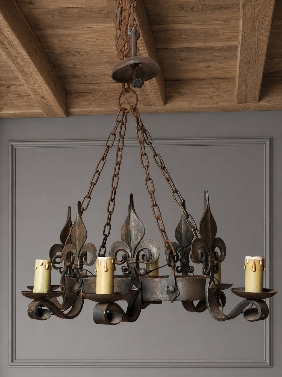 Castle-style Wrought-iron Chandelier With Fleur-de-lis Motifs