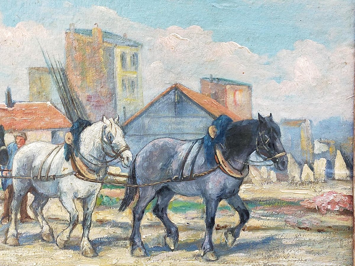 Philippe Albin DE BUNCEY (1905-1978) Attelage de chevaux a la charette-photo-3