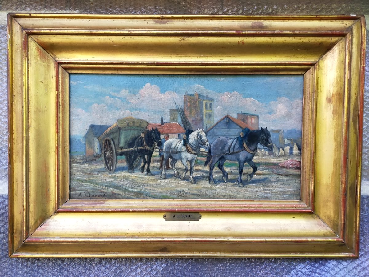 Philippe Albin DE BUNCEY (1905-1978) Attelage de chevaux a la charette