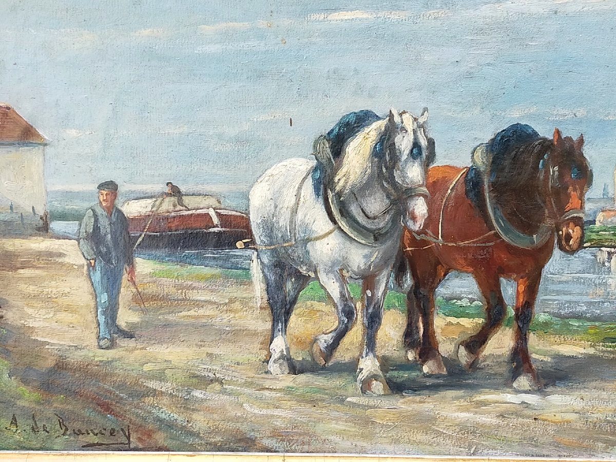 Philippe Albin DE BUNCEY (1905-1978) Chevaux de trait au bord de l'eau-photo-3