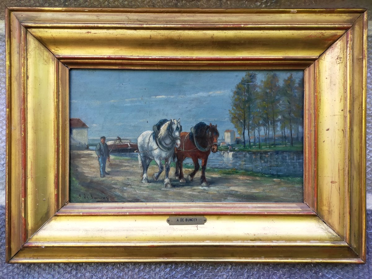 Philippe Albin DE BUNCEY (1905-1978) Chevaux de trait au bord de l'eau