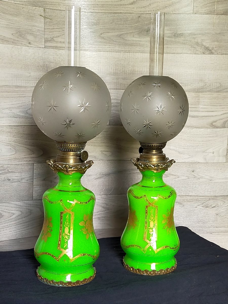 Paire de lampes charles x en ouraline et bronze -photo-2