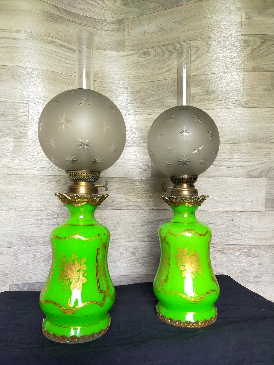 Paire de lampes charles x en ouraline et bronze -photo-4