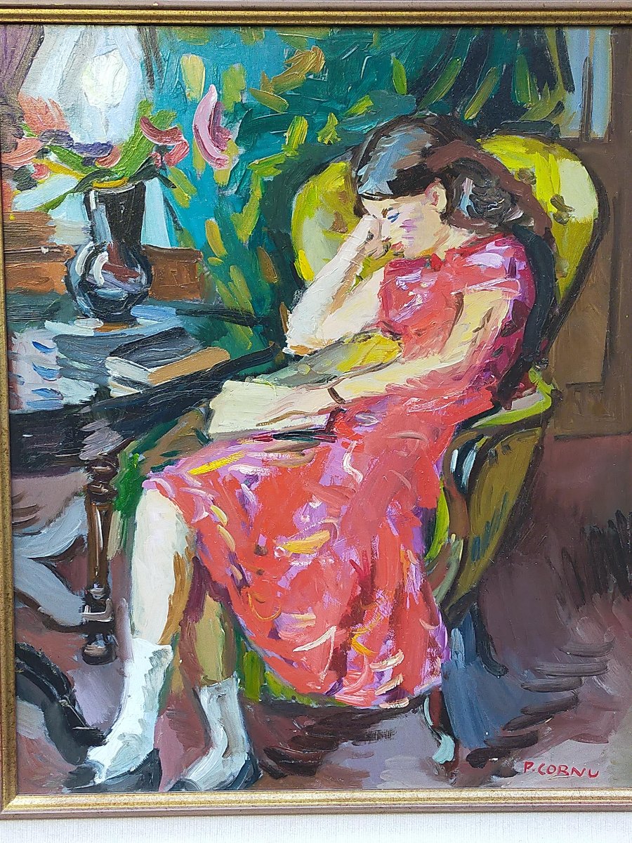 Pierre Cornu (1895/1996) jeune femme a la robe rouge -photo-2