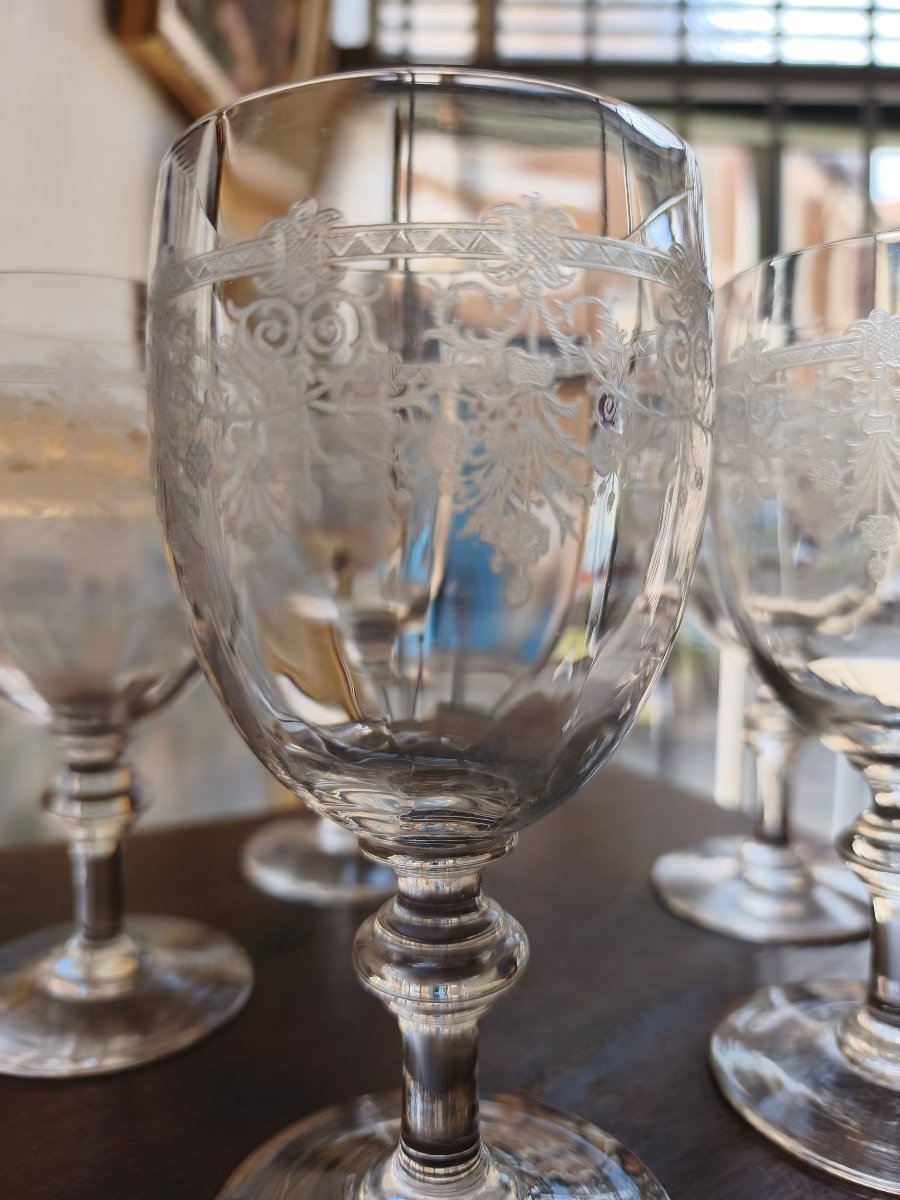 Five Engraved Baccarat Crystal Glasses 