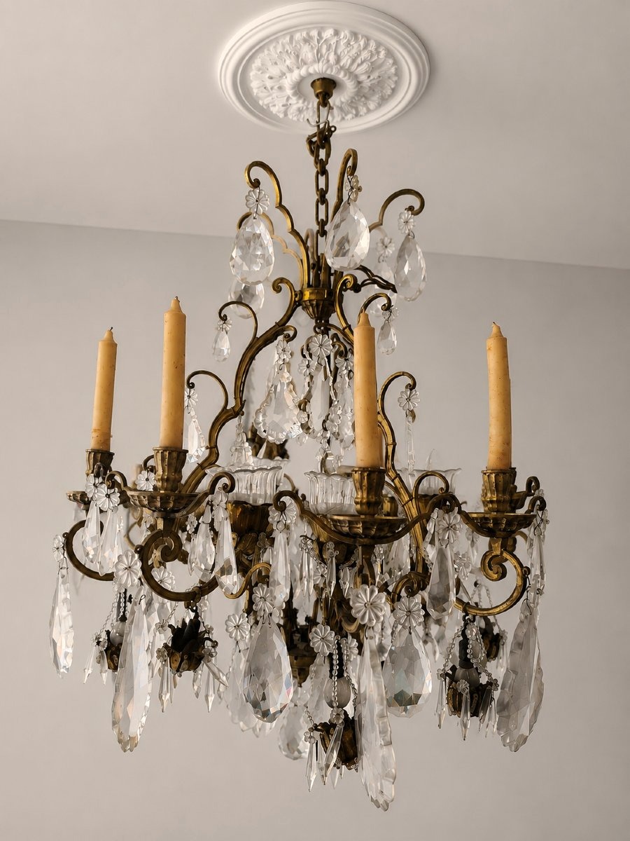 Grand lustre Napoléon III à pampilles et bronze doré-photo-2
