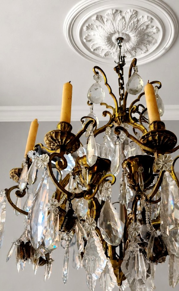 Grand lustre Napoléon III à pampilles et bronze doré-photo-1