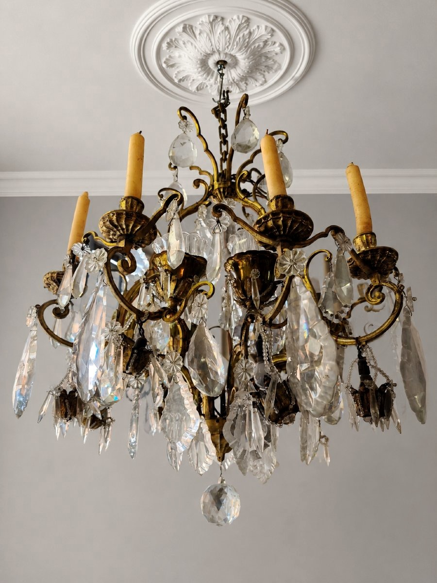 Grand lustre Napoléon III à pampilles et bronze doré