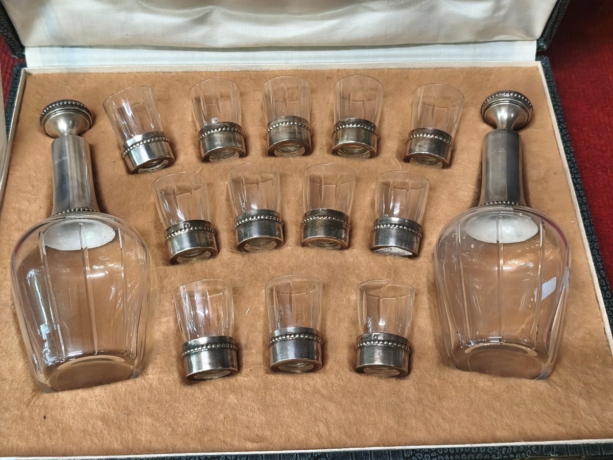 Solid Silver And Crystal Decanters And Glasses, Liqueur Set
