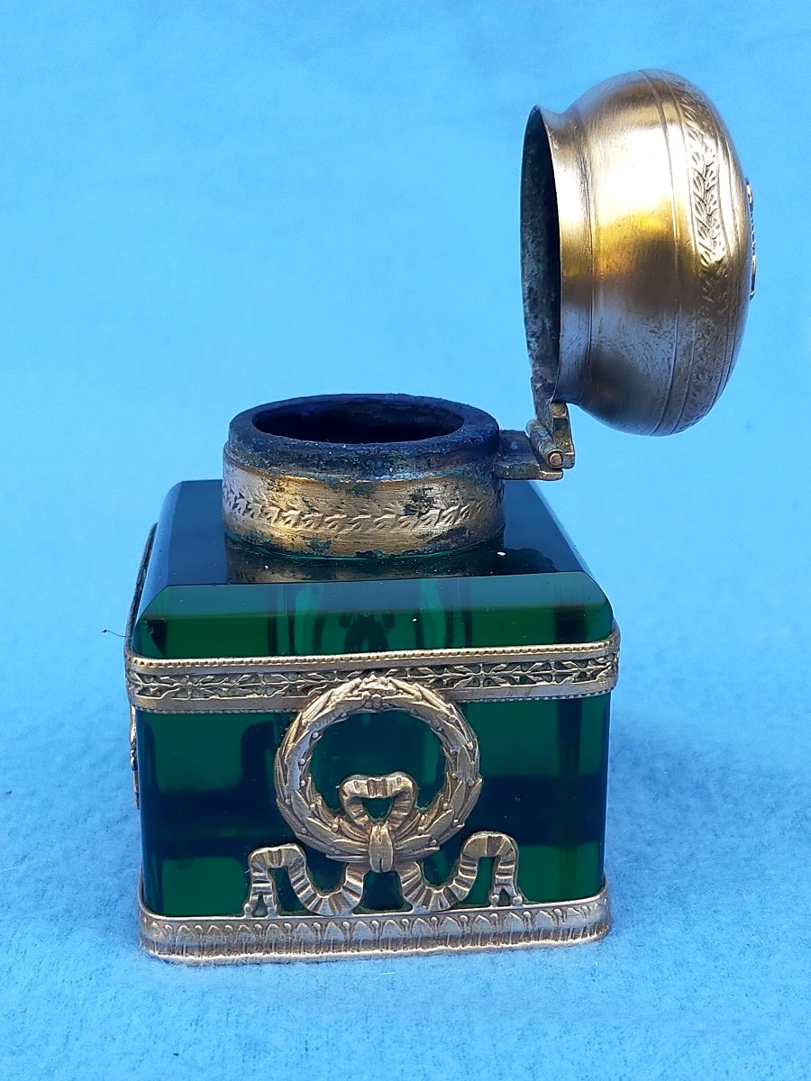 Crystal And Bronze Inkwell With An Antique Empire-style Draped Woman Design -photo-3