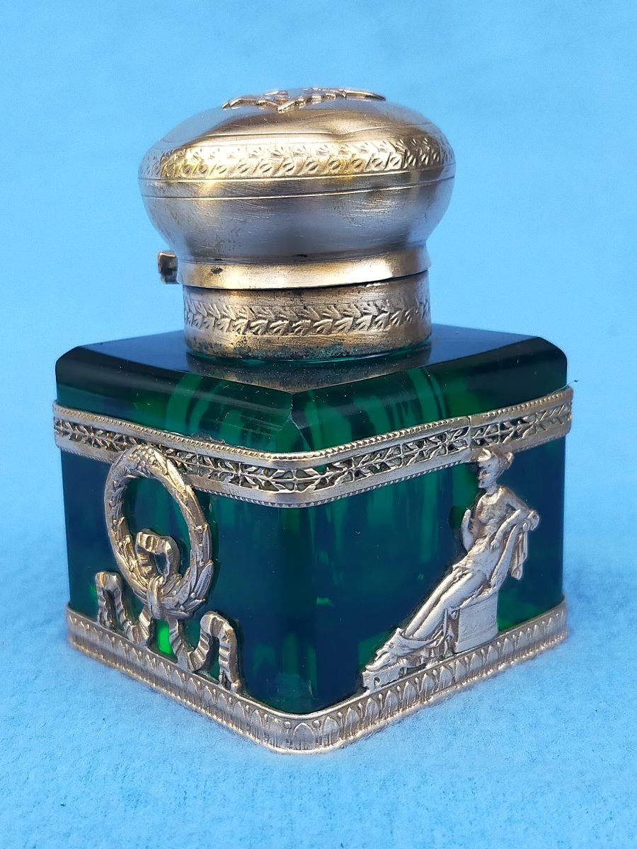 Crystal And Bronze Inkwell With An Antique Empire-style Draped Woman Design 