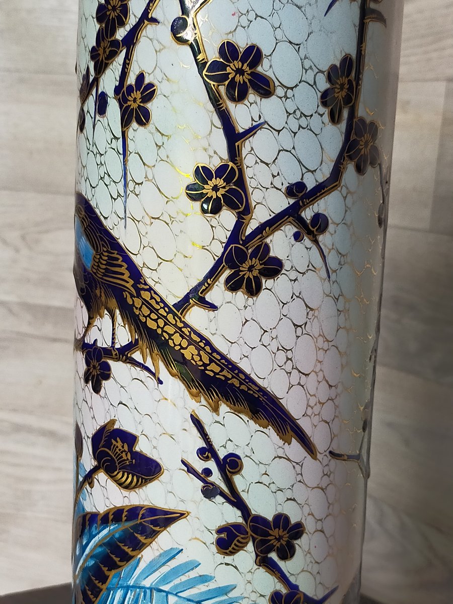 Large Cylindrical Earthenware Vase By Théodore Deck? Napoleon III-photo-2