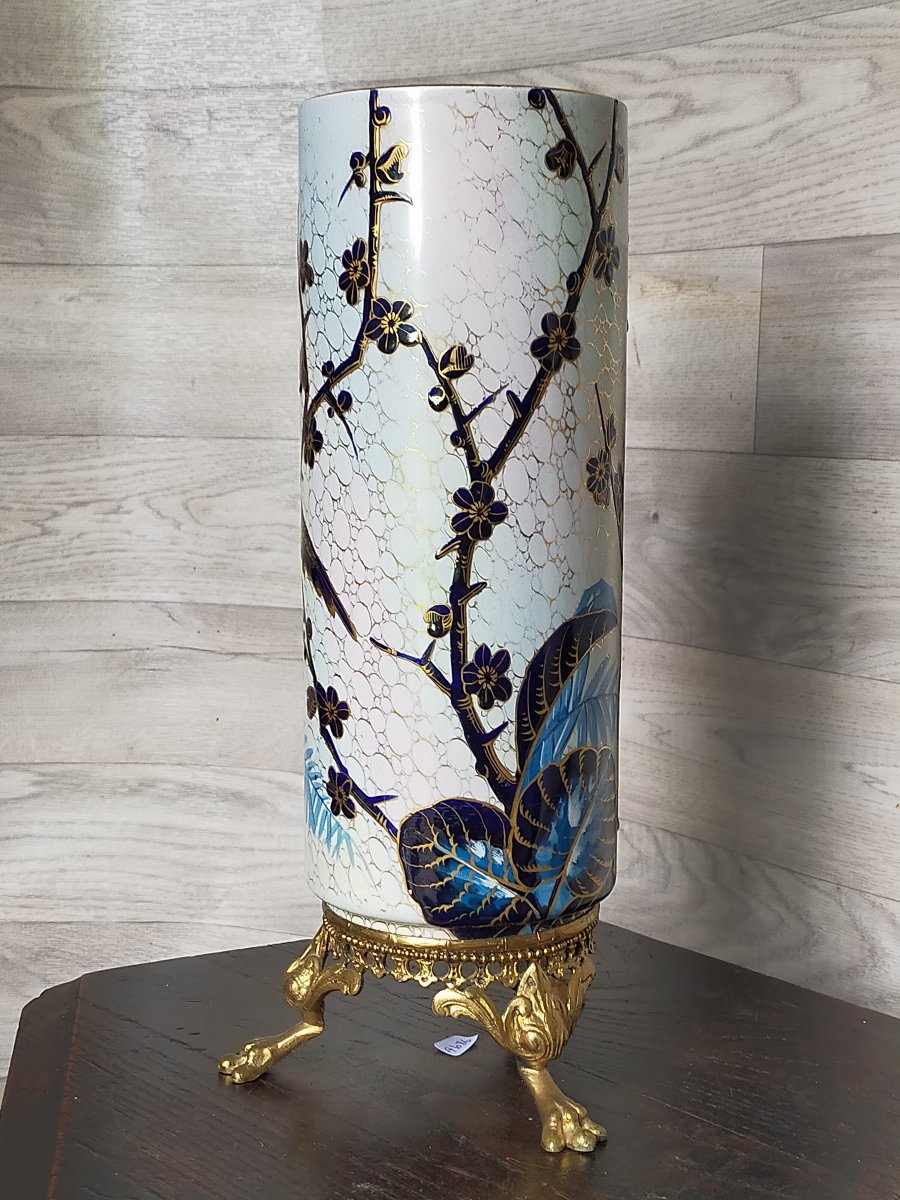 Large Cylindrical Earthenware Vase By Théodore Deck? Napoleon III-photo-3