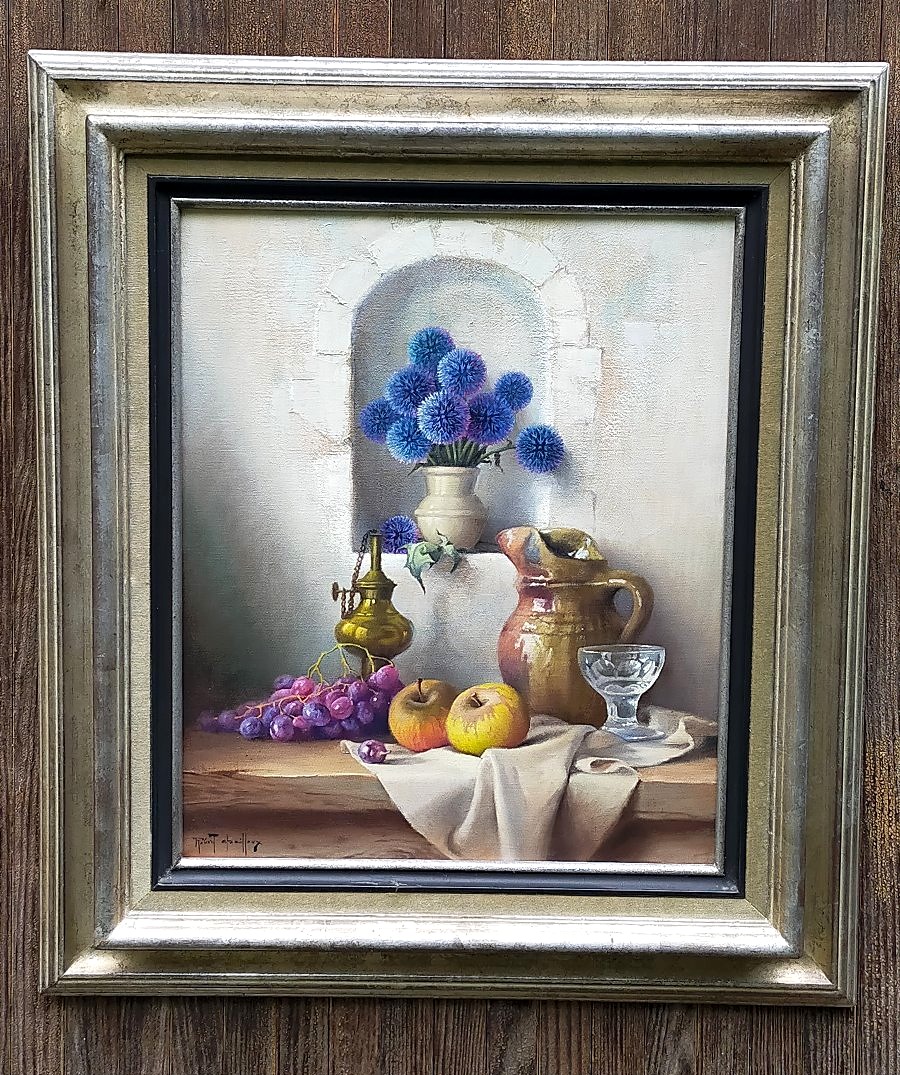 Robert CHAILLOUX (1913-2006) – Nature morte aux chardons ,fruits et lampe a huile -photo-2