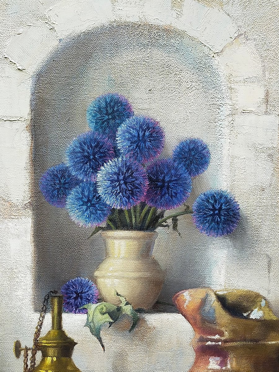 Robert CHAILLOUX (1913-2006) – Nature morte aux chardons ,fruits et lampe a huile -photo-3