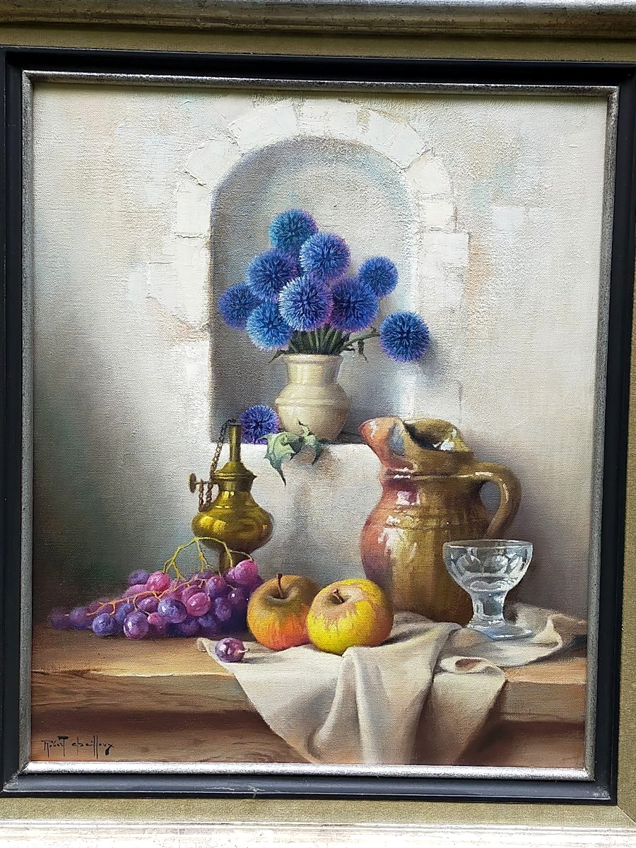 Robert CHAILLOUX (1913-2006) – Nature morte aux chardons ,fruits et lampe a huile 