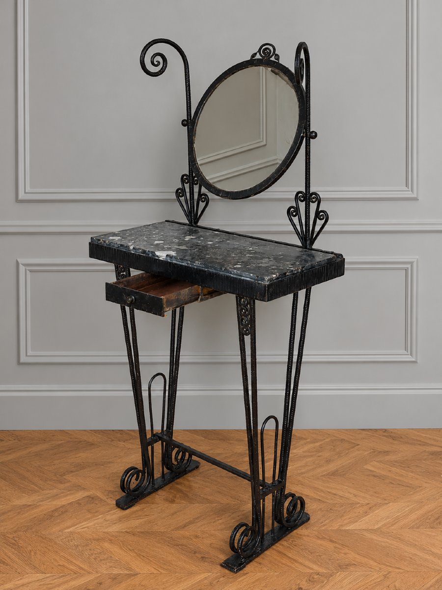 Coiffeuse Art Déco en fer forgé et plateau de marbre (console table )-photo-2