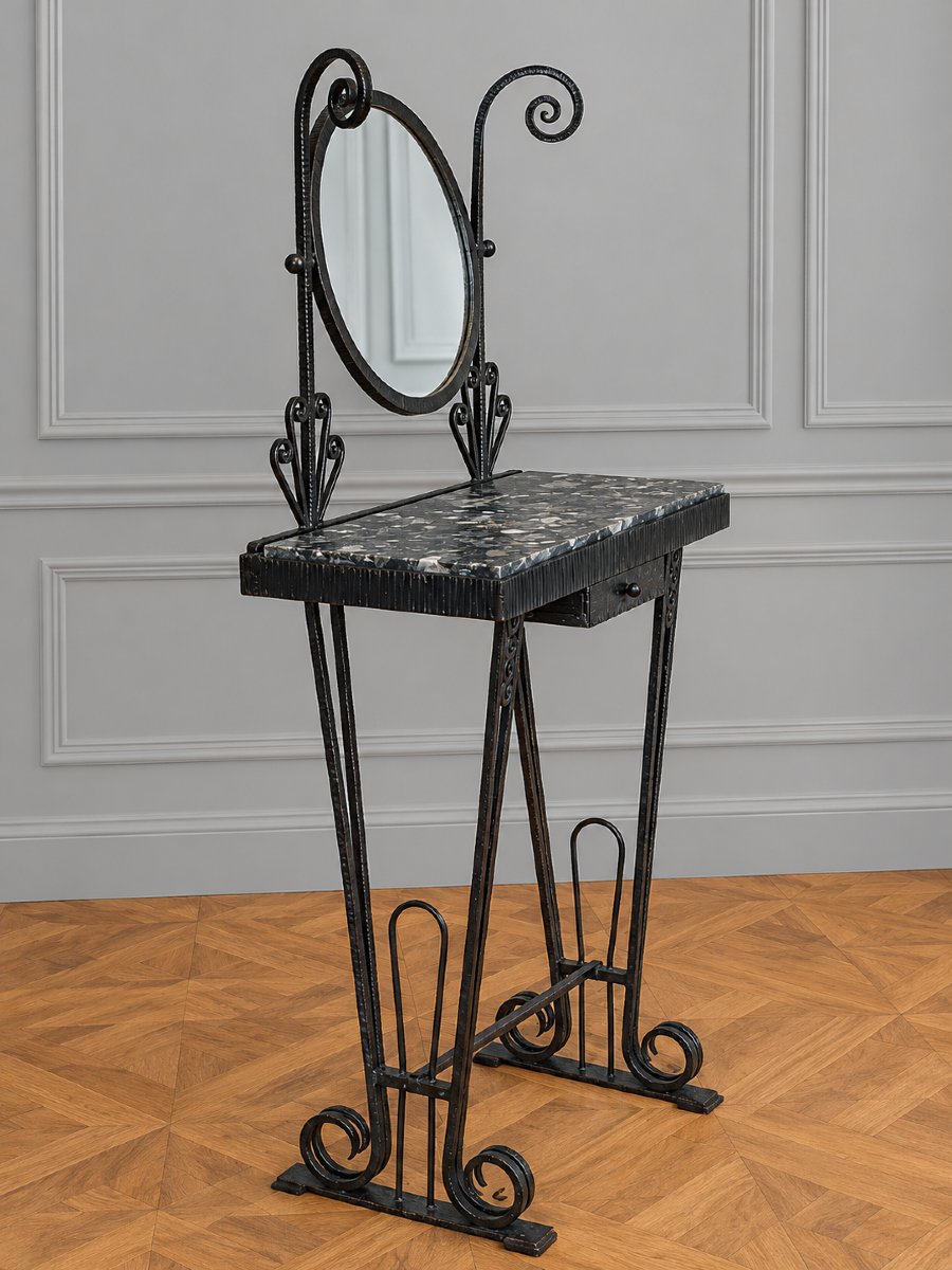 Coiffeuse Art Déco en fer forgé et plateau de marbre (console table )-photo-3