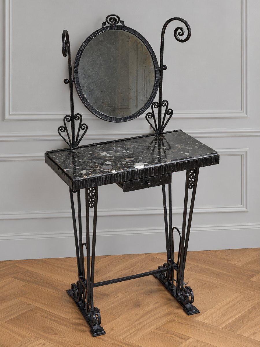 Coiffeuse Art Déco en fer forgé et plateau de marbre (console table )