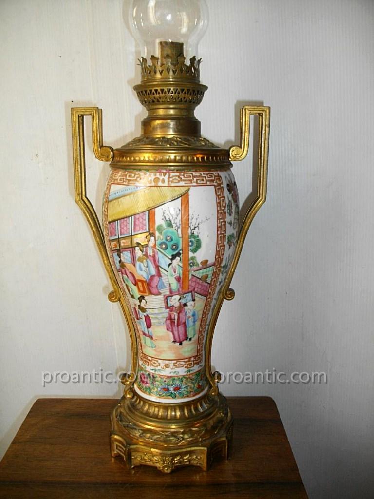 Grande Lampe Porcelaine Chine Et Bronze Canton 19ème 
