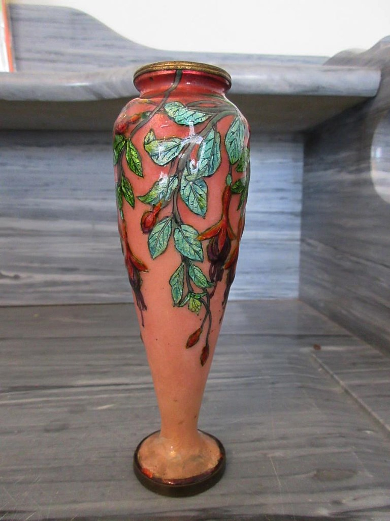 Jules Sarlandie Enamel Vase Limoges Fuchsia Decor