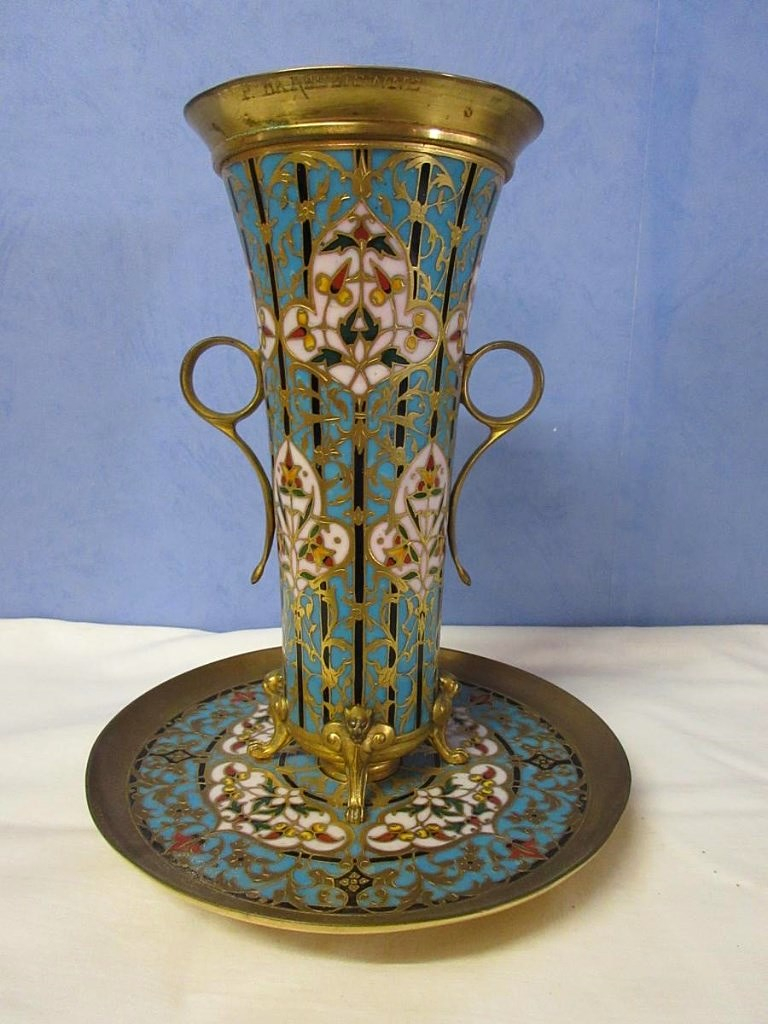 Large Vase Cup Bronze Signed Barbedienne In Enamels